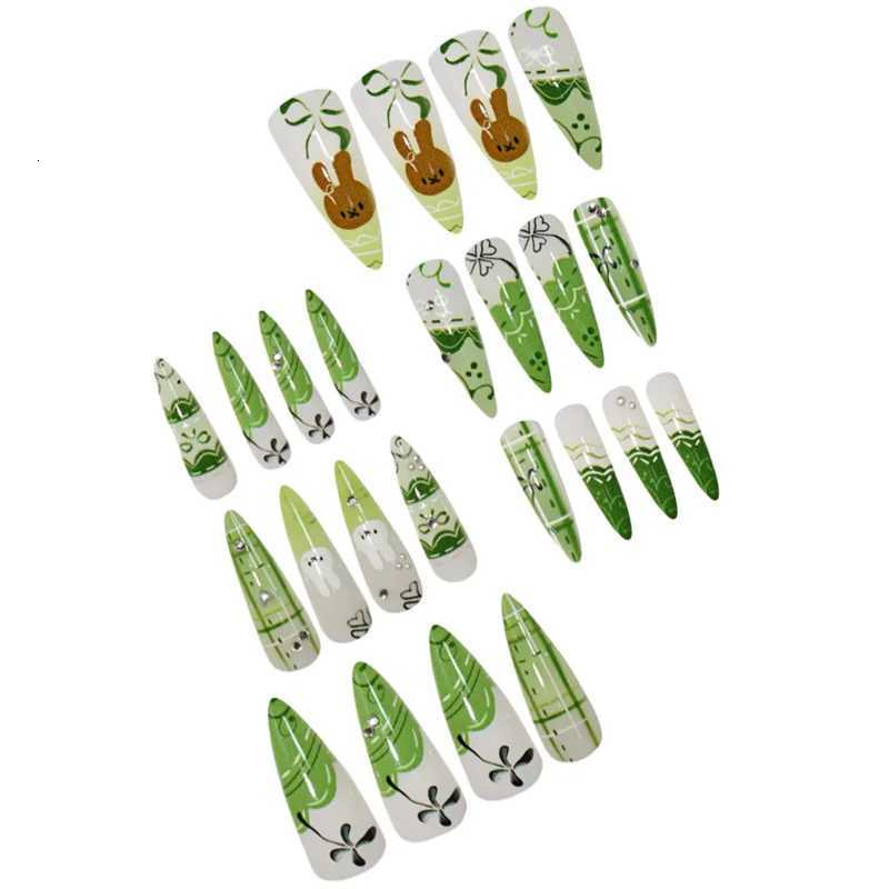 24PCS Sweet Green Flower Almond Press on False Nails Cute Cartoon Rabbit Bow Plaid Stiletto Fake Nails for Women Simple Ins NailT251118T251119