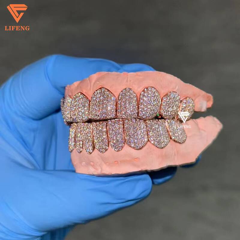 10 Top 10 Bottom Customizable Rose Gold Plated Iced Out Moissanite Grillz Hip Hop Jewelry Set With Perm Cut Moissanite for Teeth