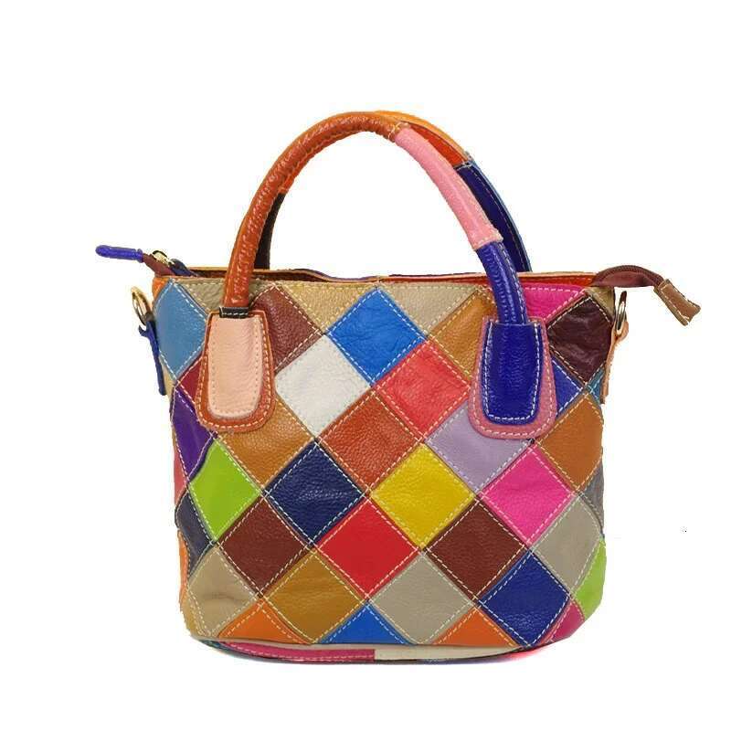 Vintage Cowhide Bucket Bag - Contrast Plaid Design With Tote Function For Women's Casual Outings