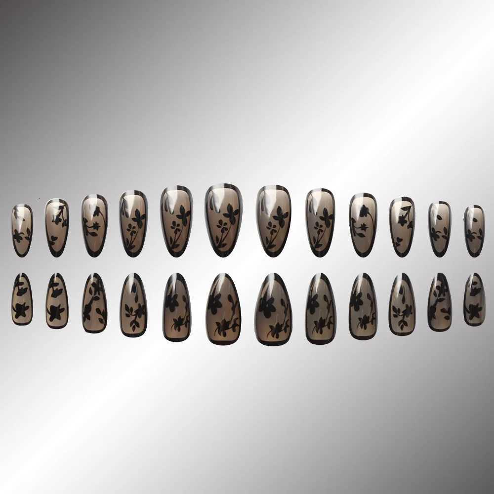 24PCS Short Almond Fake Nails Black Flower Design Autumn Winter Press on Nails Hot Girl Cool Style Removable Nail Art for WomenT251118T251119