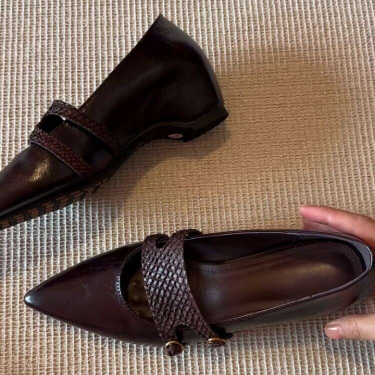 Elegant Brown wedges comfortable heels Pointed Toe Designer Shoe Mary Jane Shoes for Women Leather Flats
