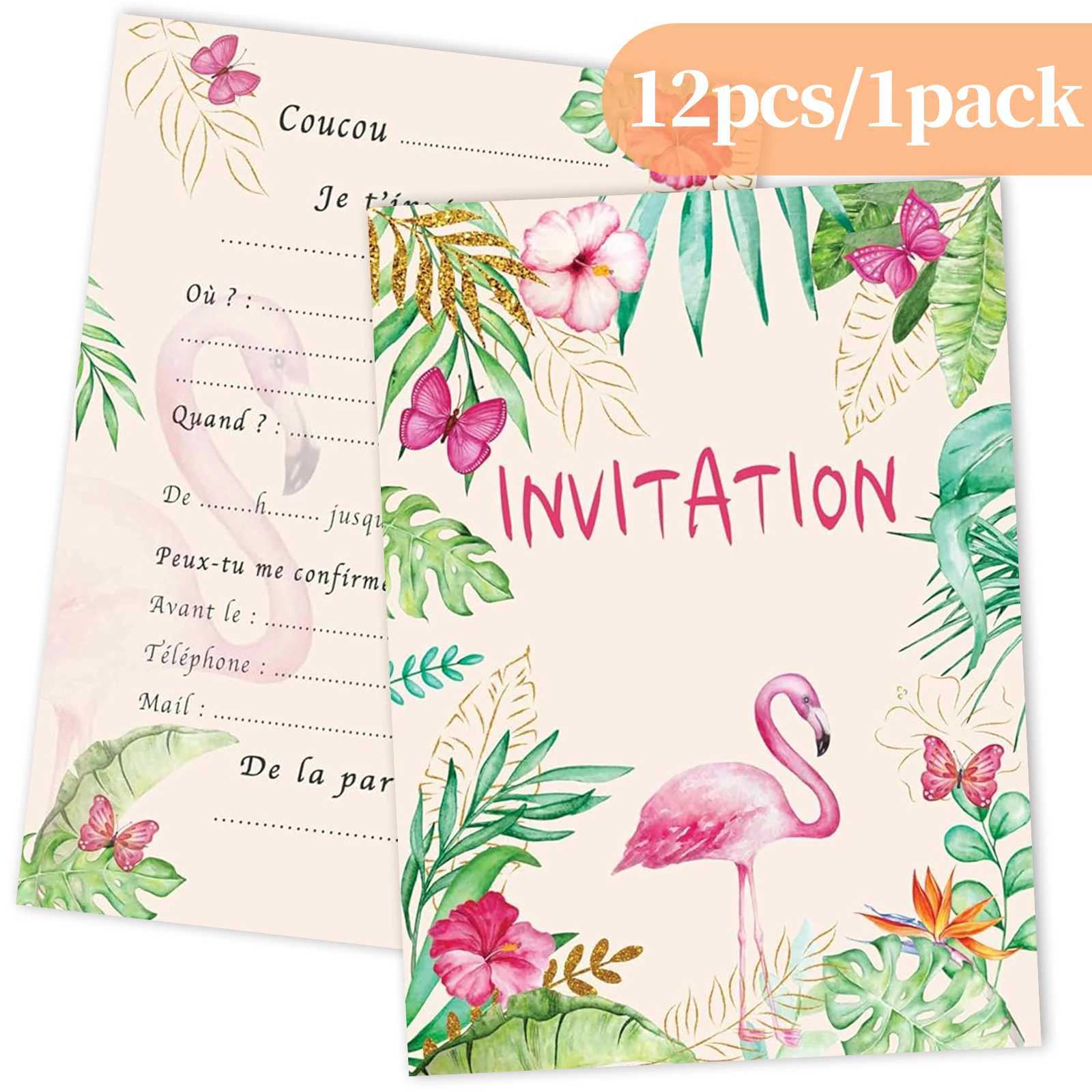12 French birthday invitation cards with themes of tropical flamingo butterfly flower party invitation cards for ladies and G251119