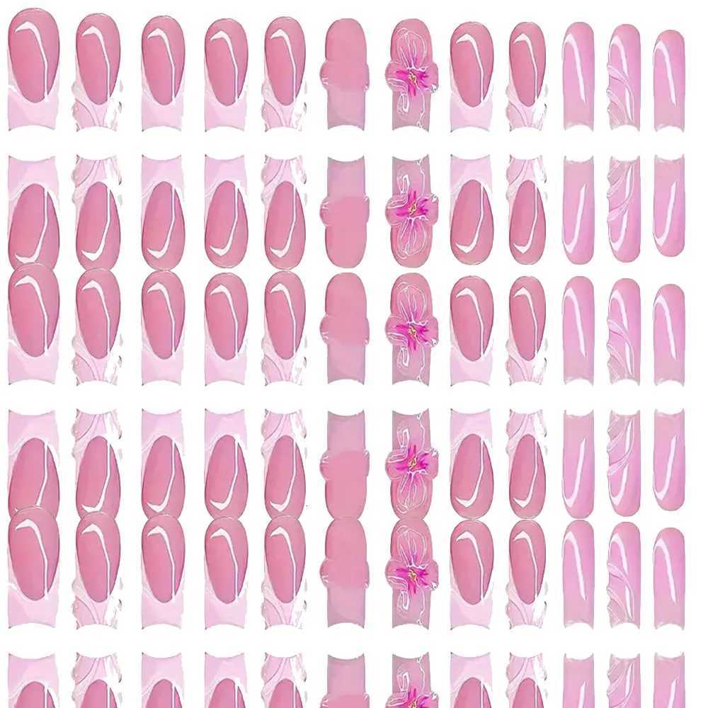 24Pcs/boxed Gradient Pink Flowers Fake Nails With 3D Carving Blossom Flowers Press On Nails Christmas Wearable False Nail SetsT251118T251119