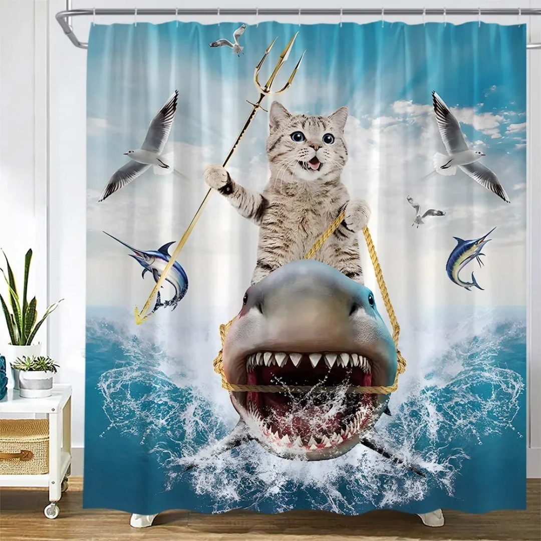 YL-37755 Shower curtain with funny cat design, waterproof digital print, bathroom moisture-proof partition curtain.