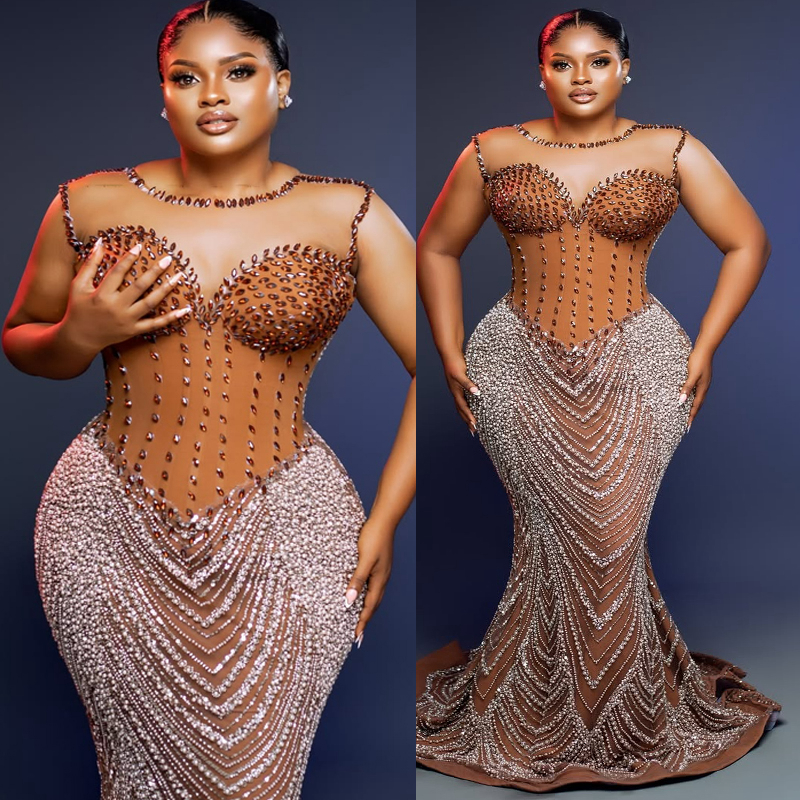 Plus Size Mermaid Brown Prom Dress 2026 Evening Dresses Formal Gowns For Special Occasions Sheer Neck Illusion Beaded Lace Crystals Pearls Birthday Dress AM3093