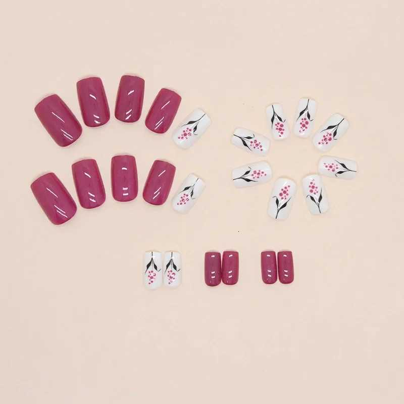 24pcs/set Square Rose Red Purple Flower Press on Nail False Nails for Girls Fake Nails with Design Artificial Nails Short CheapT251118T251119