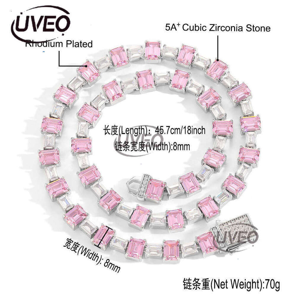 Luxury designer Pink square ice out VVS Moissanite tennis collarbone chain, hip hop necklace bracelet for men and women Free delivery