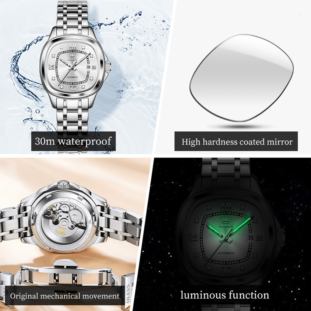 OLEVS Designer Automatic Mechanical Watch Wine Barrel Square Steel Band Calendar Women's Waterproof Luminous Luxury Men's Wristwatch Free Sh