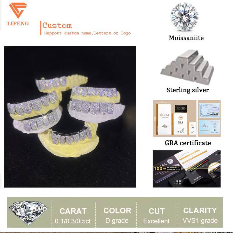 Custom Moissanite S925 Silver Teeth Grillz Silver Diamond Bling Tooth Grills for Men Women High-End Jewelry Pass Diamond Test