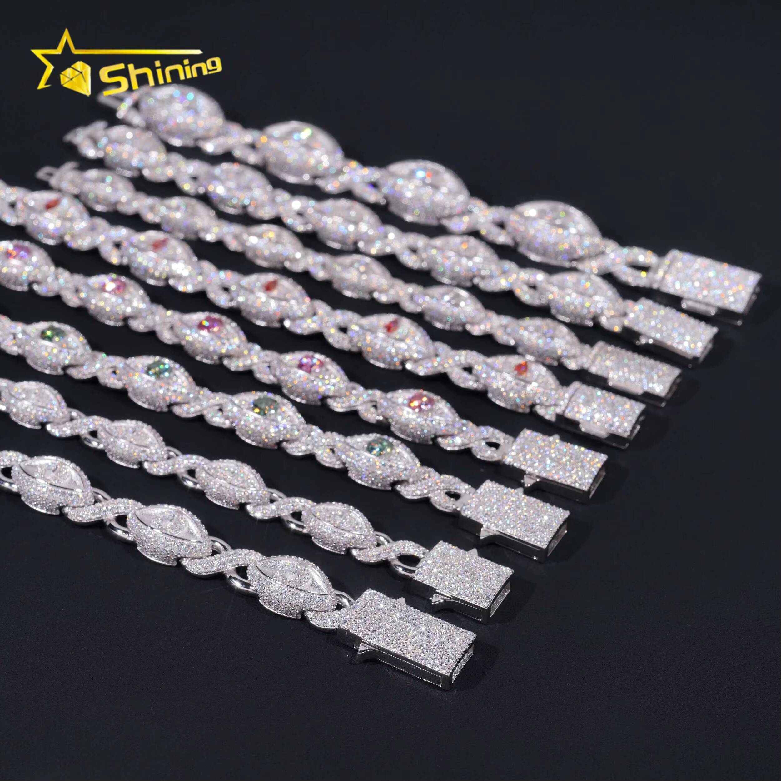 Hot Selling Iced Out Jewelry 925 Sterling Silver Hip Hop Color Moissanite Eye Infinity Link Cuban Bracelet