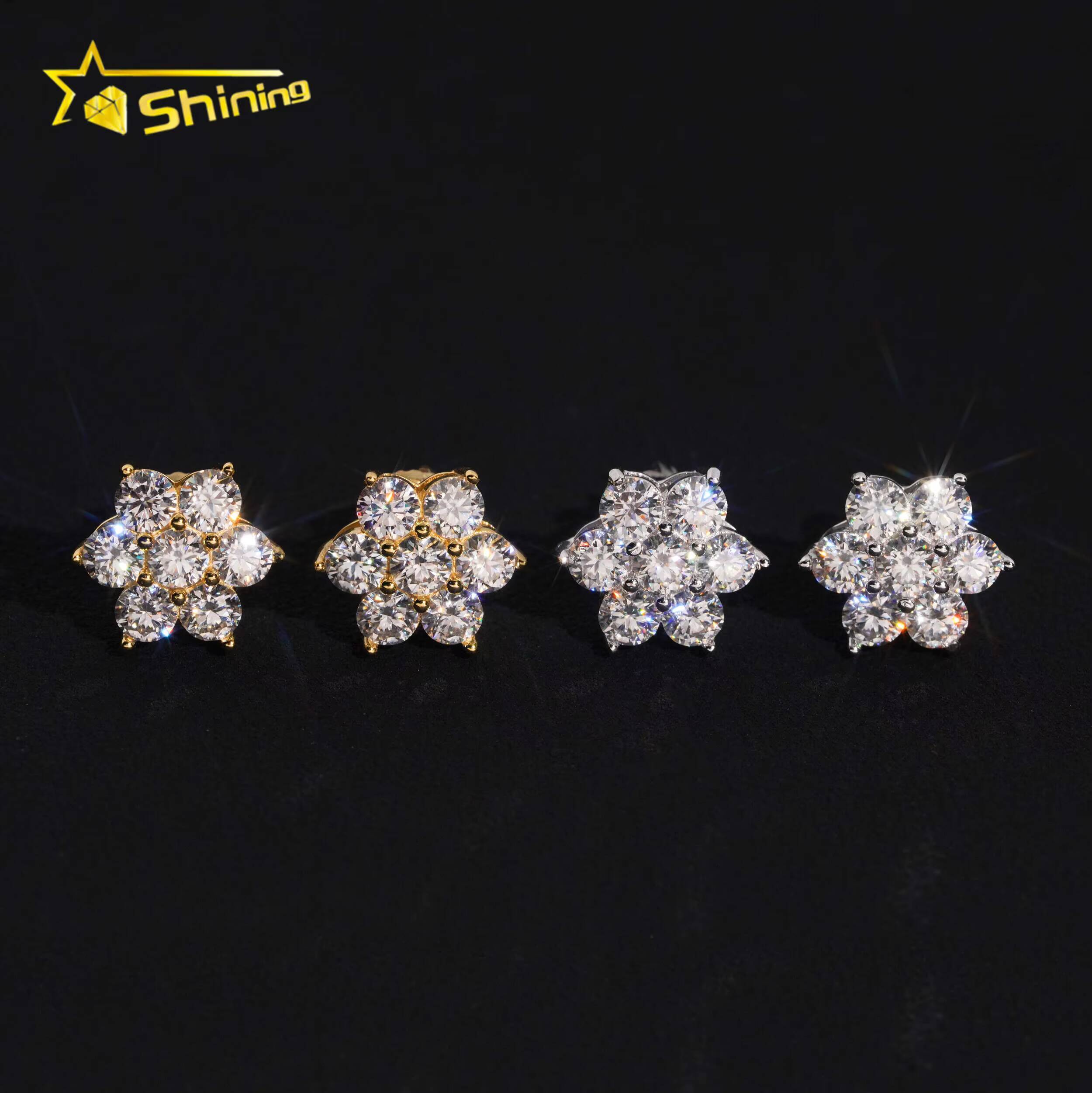 Hot Sale Flower Earring Gold Plated 925 Sterling Silver Iced Out VVS Diamond Moissanite Screw Back Stud Earrings Fine Jewelry