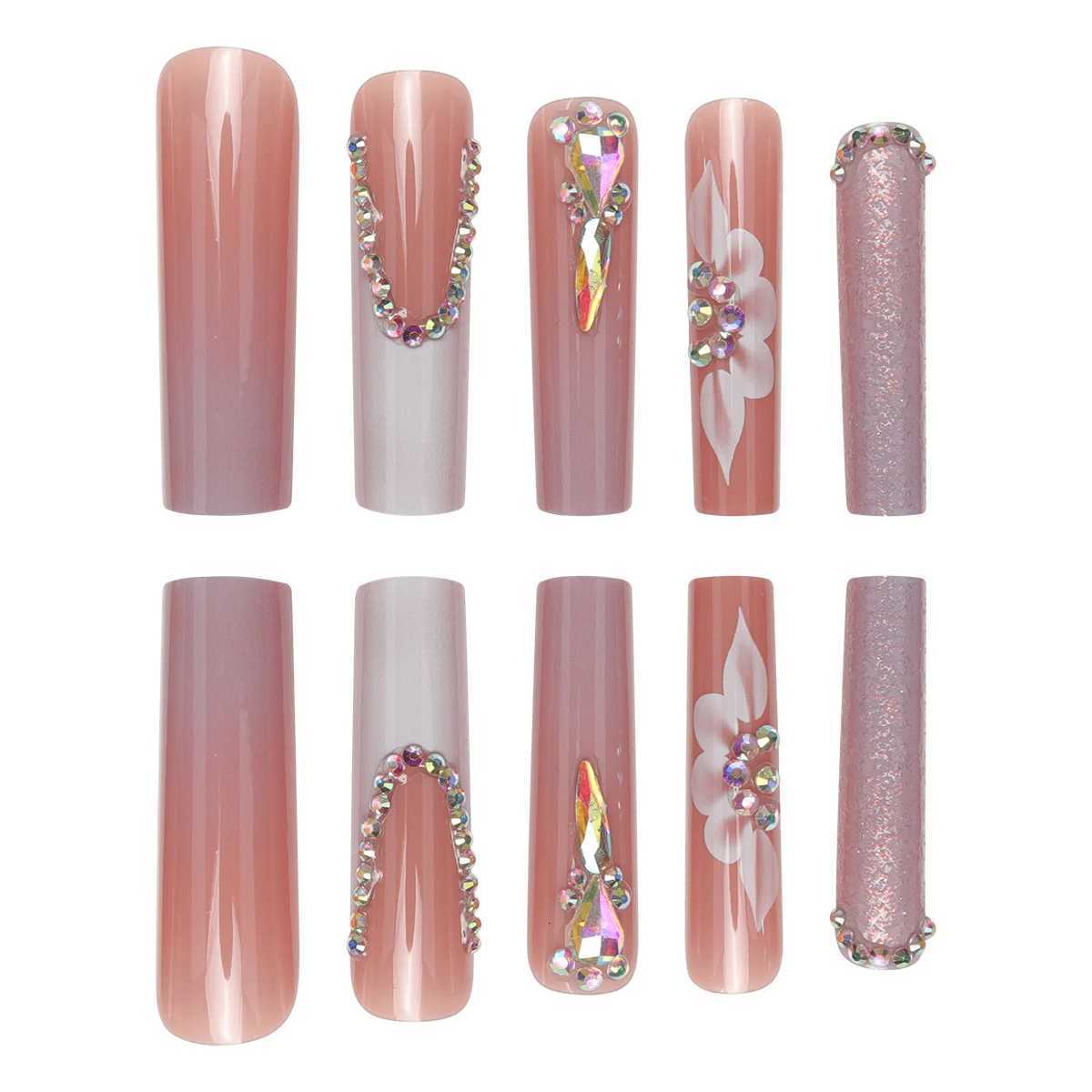 24 Piece Long Coffin Style Glossy Gradientflower Pattern 3D Rhinestone Decoration Complete Set of Abs Fake Nail SetT251118T251119