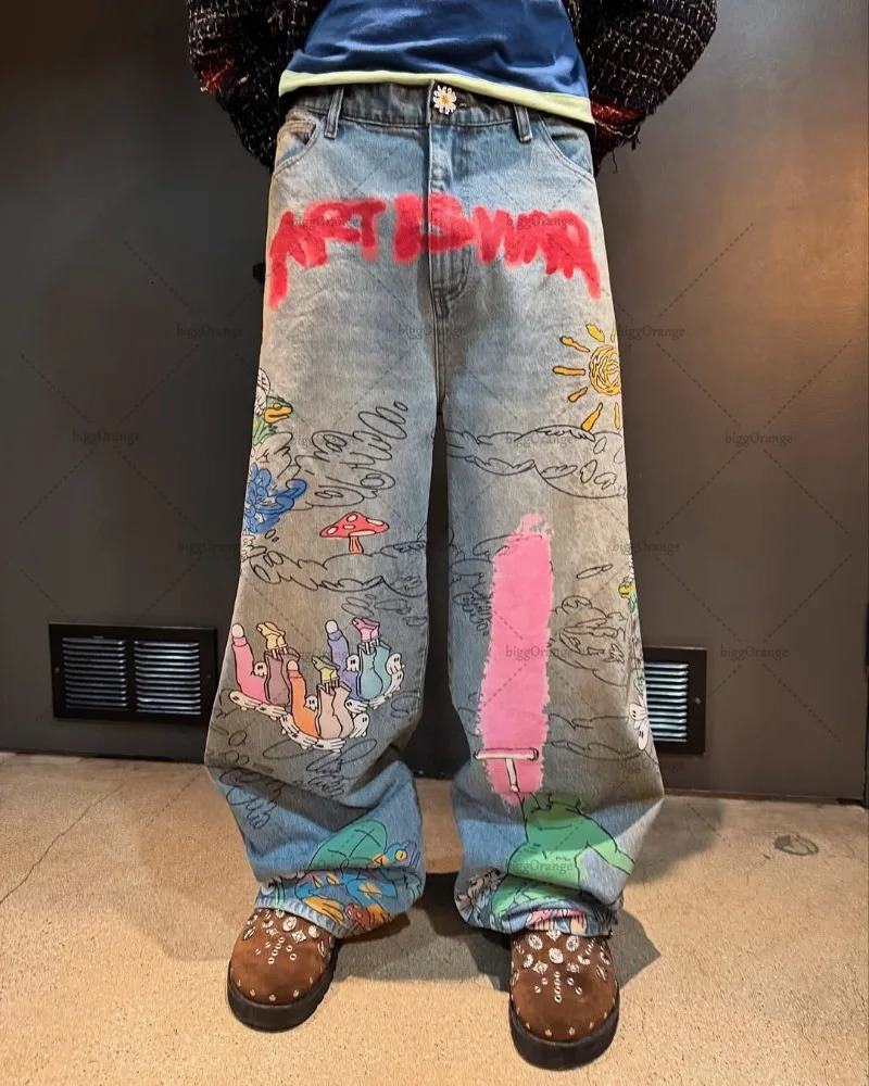 Harajuku retro cartoon graffiti Y2K jeans mens street fashion streetwear casual straight wide leg pants womens 250418