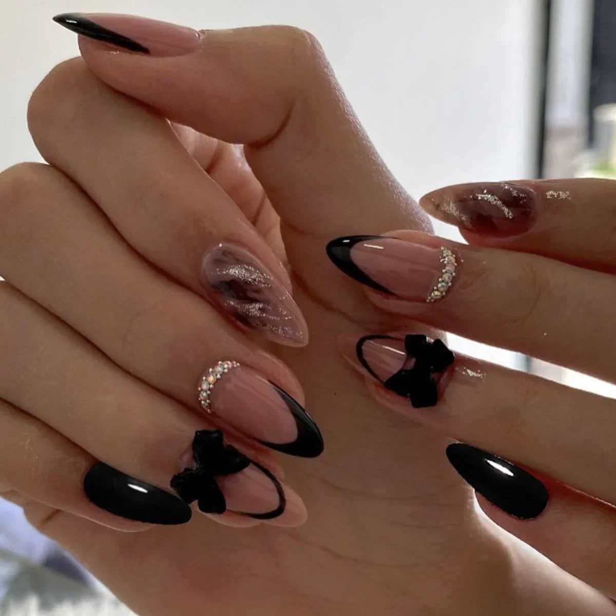 24Pcs Leopard Print Fake Nails Black Bow Press on Long Almond with Rhinestone False Nails Wearable Finished Fingernails Nail ArtT251118T251119