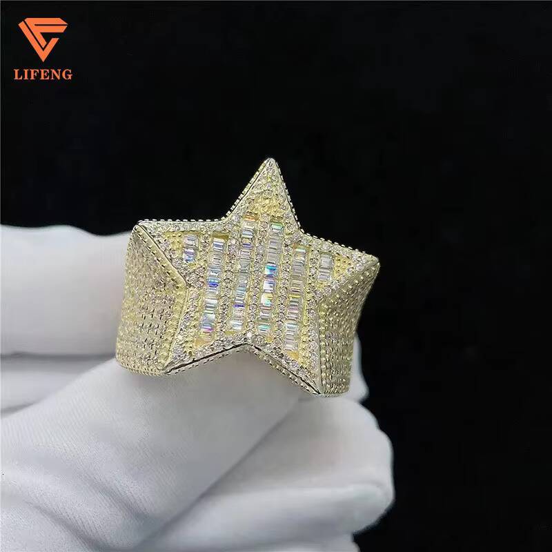 Fine Jewelry Luxury Band Ring 925 Sterling Silver VVS Moissanite Diamond Gold Plated Iced Star Blingbling Hip Hop Style Baguette
