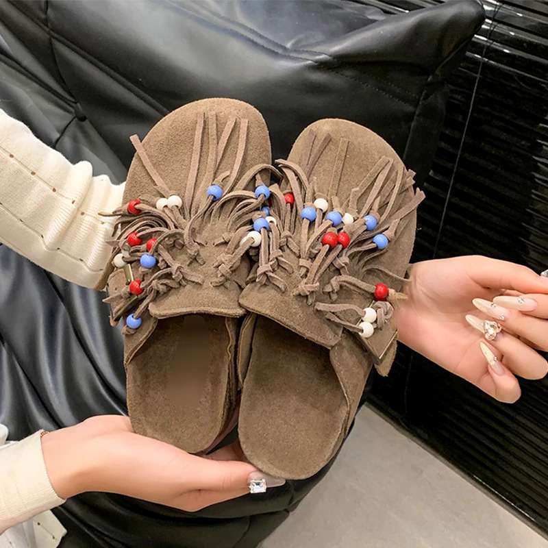 Women Mules Shoes Flats Suede Womens Sandals Fringes Summer Fashion Slippers Walking Dress Cozy Mujer Sandalias 250418