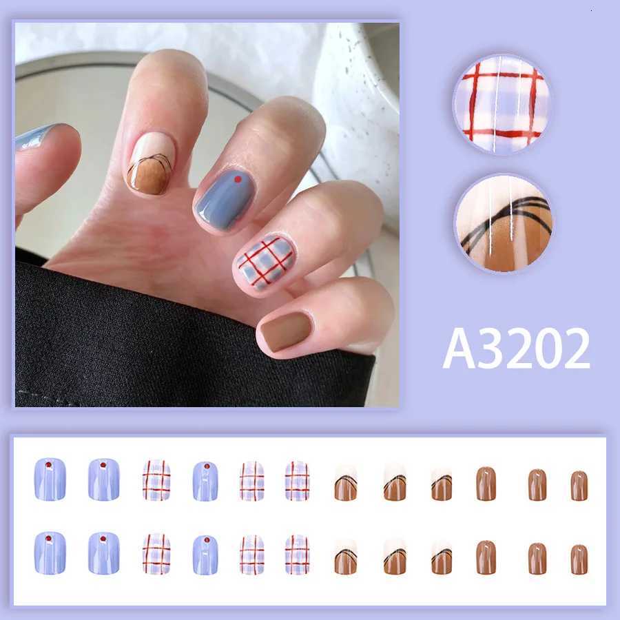 24pcs Press on Nails Blue Checkered Gradient Short Full-Coverage Nail Tips for WomenGirl Removable wearable Nail Daily WearT251118T251119