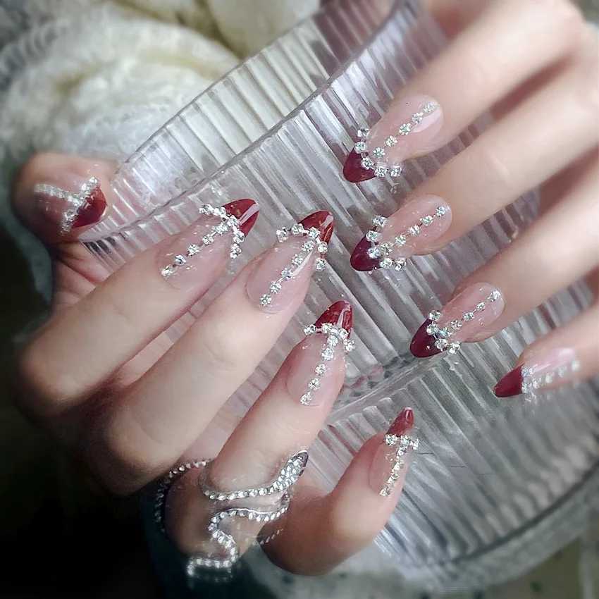 24Pcs Long Ballerina Fake Nails Sparkly Diamond Designs Press on Nails White Pearl Clear False Nails for Women Bride WeddingT251118T251119