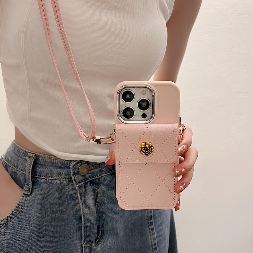 Camellia Card Holder Phone Case Compatible with iPhone 17/16 Pro Max Crossbody Strap Fashion Soft Protective Case iPhone 15/14