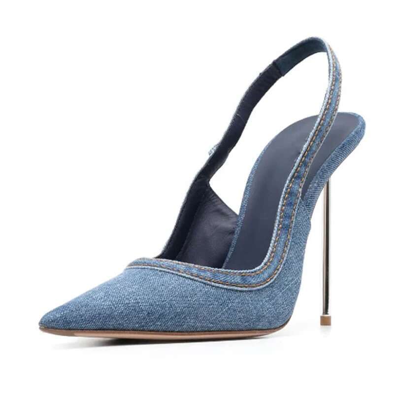 2025 Denim Sexy Women Heels Pointed Toe Dress Ultra High Heel Shoes Office Pumps Blue Sandals Size 34-45