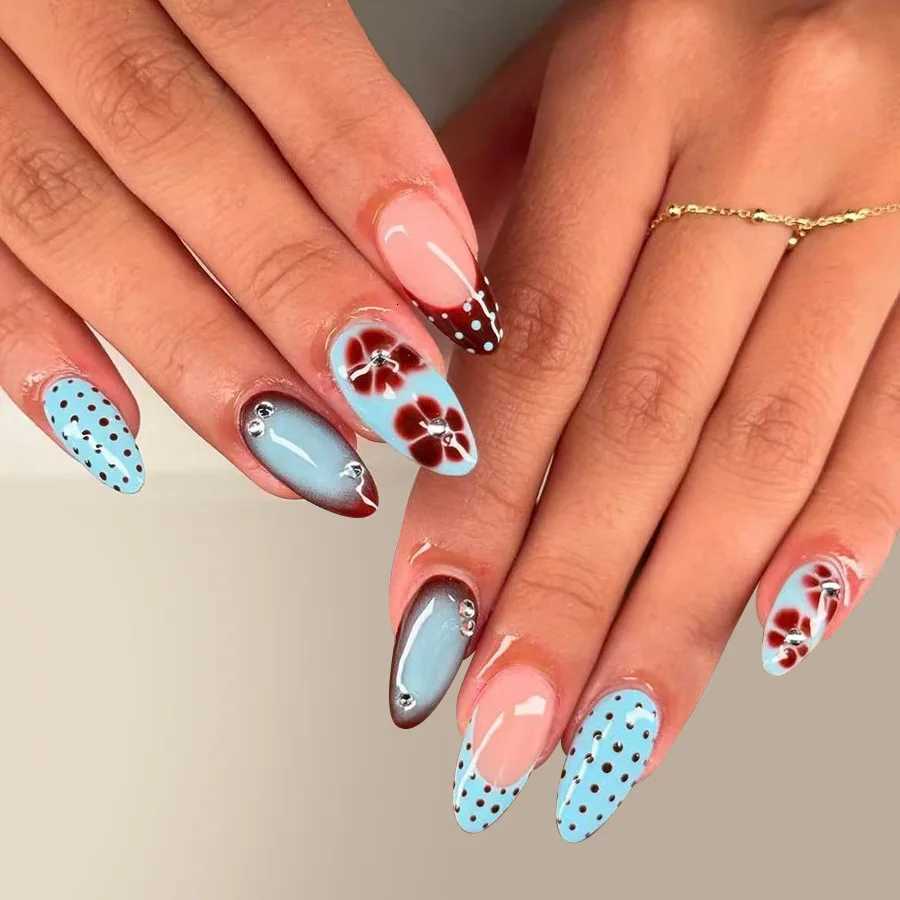 24pcs Blue Press on Nails with Polka Dot Pattern Design Almond Full Cover Nail Tip Flower Rhinestone False Nail French Fake NailT251118T251119
