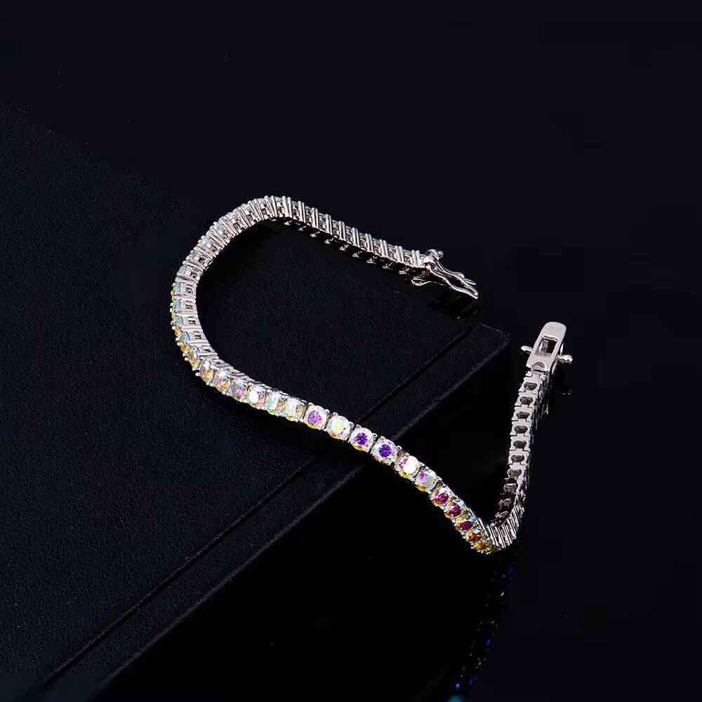 Colorful Moissanite Tennis Bracelet 3mm Rainbow Color 925 Sterling Silver Tennis Chain White Gold Plated with GRA Cert