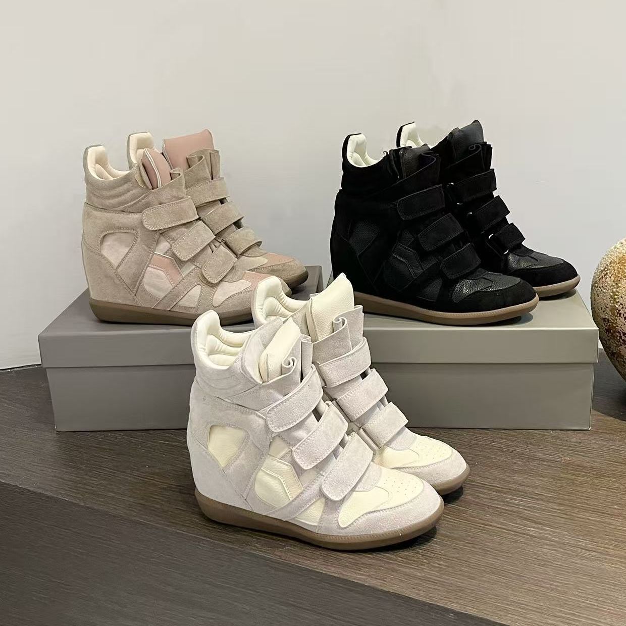 Women height increase boots winter hot sale black genuine leather real bekett suede wedge sneakers woman fashion show shoes red pink marants high quality