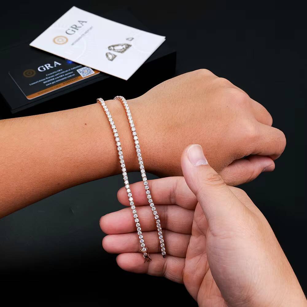 Girls 3mm Luxury Jewelry Rose Gold Plated S925 Silver Iced Out Diamond Mossanite Moissanite Tennis Chain Bracelet for Men Women