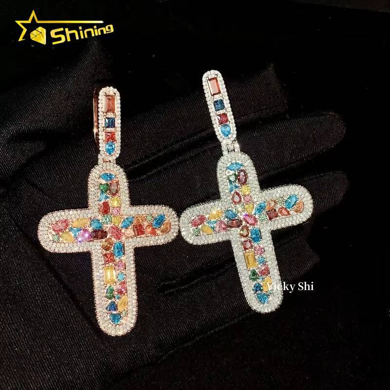 Hip Hop Pendant Iced Out 925 Silver Multi Color Moissanite Cross Pendant High Quality Custom Pendant Moissanite Jewelry for Men