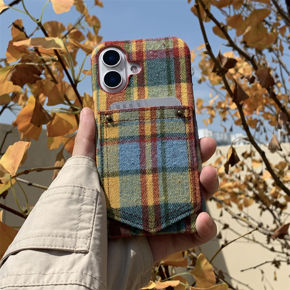 Plaid Colorful Card Holder Phone Case Compatible with iPhone 16/15 Pro Max Niche Simple Protective Case iPhone 14 Pro