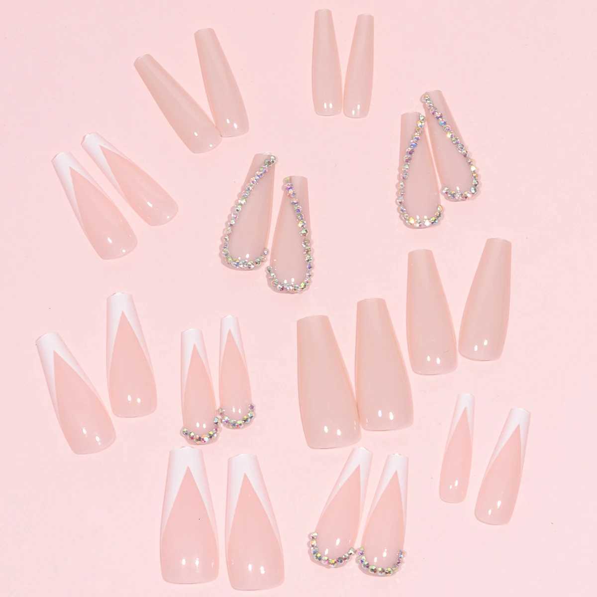 Transform Your Nails with 24pcs Long Coffin White French 3D Rhinestone Decor Fake NailT251118T251119