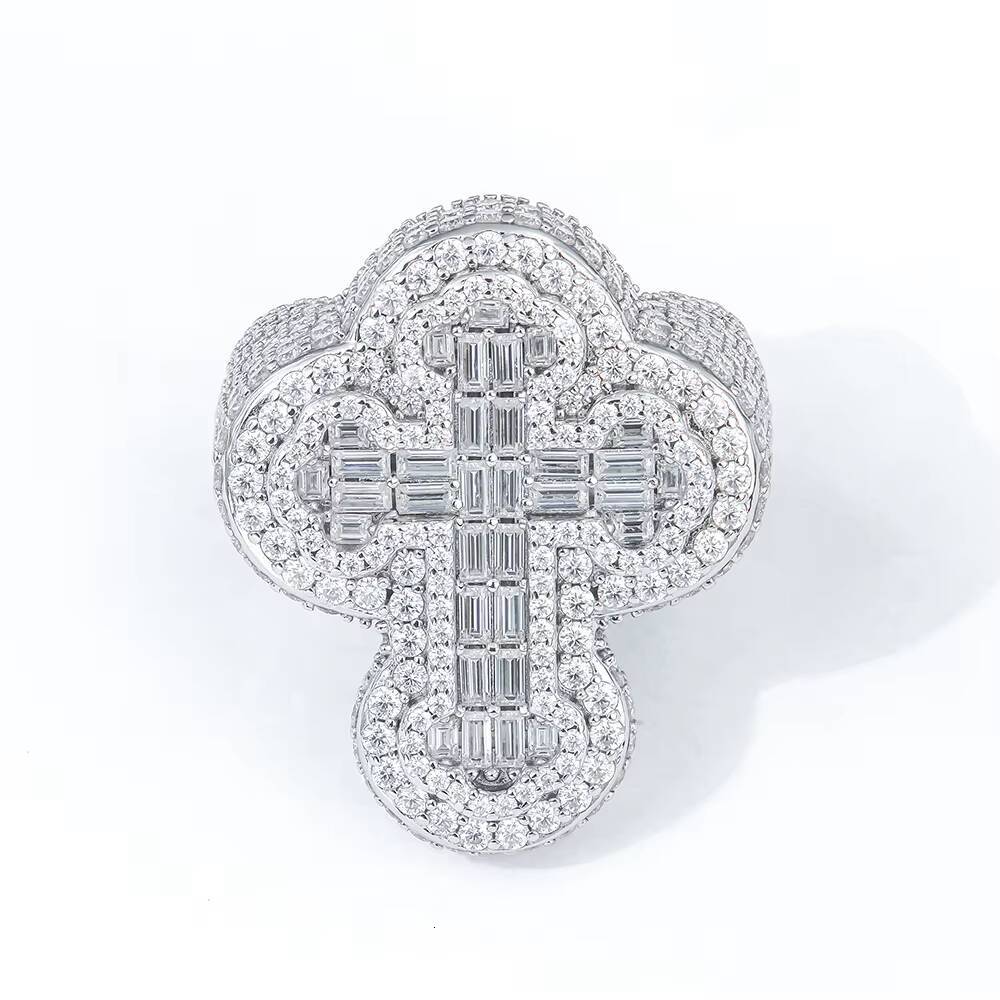 Hiphop 925 Silver Cross Design Iced Out Baguette Cut Moissanite Ring Rhodium Rose Gold Plating Options Fine Jewelry