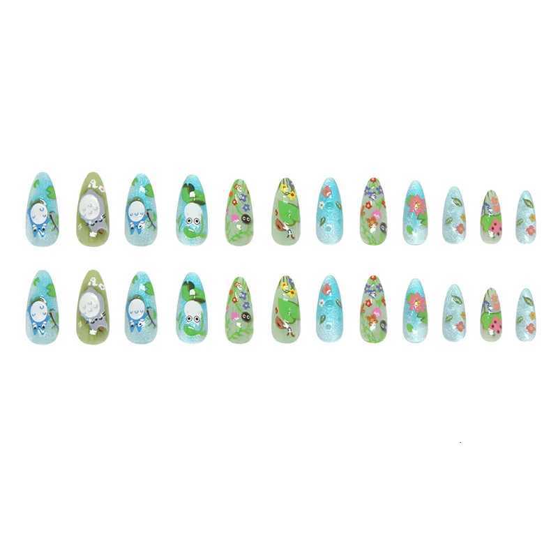 24Pcs Long Almond Press on Nails - 3D Cartoon Frog Design with Ocean Green Grass Red Flowers and BubblesT251118T251119