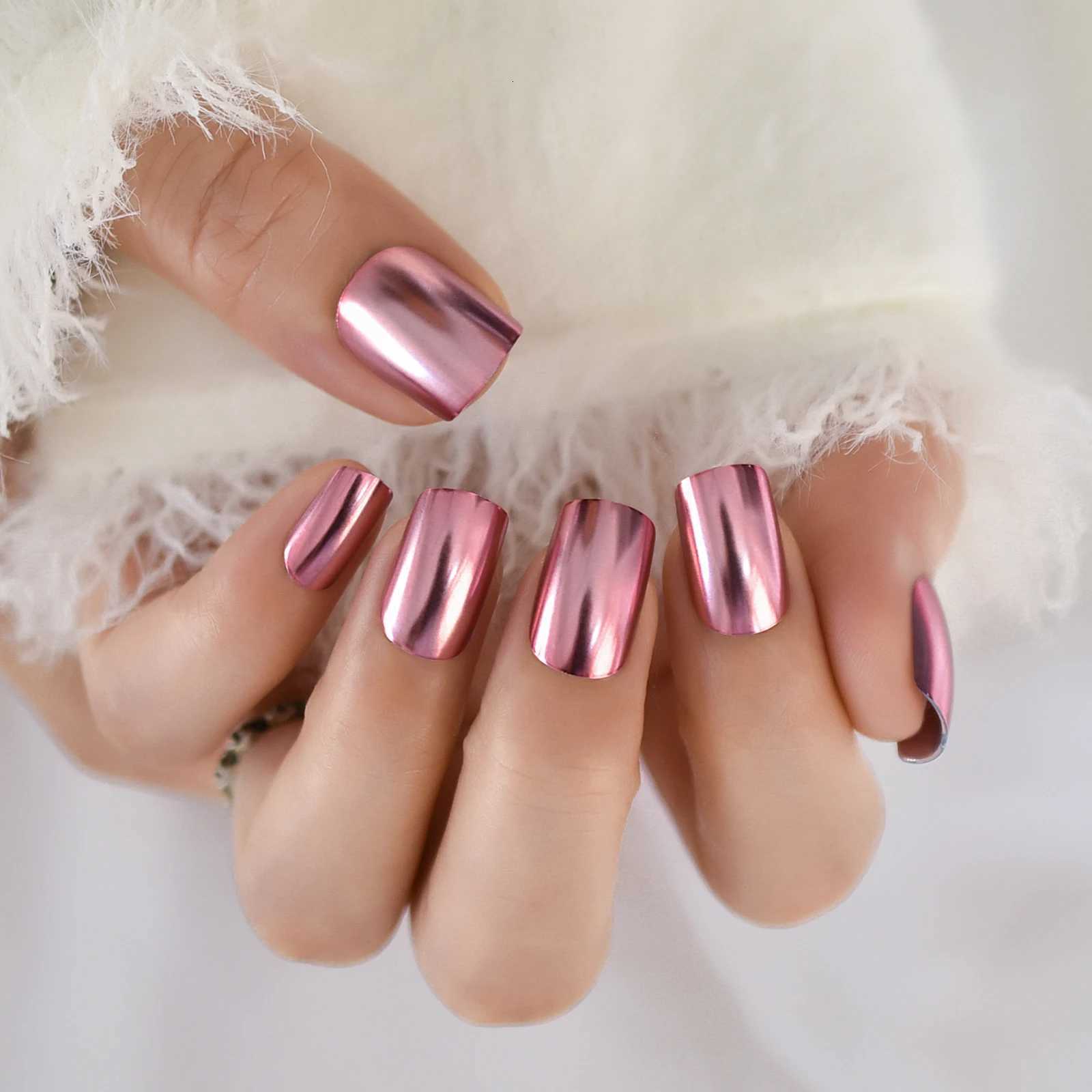Chrome Punk Metallic PinkSquare Press On False Nails Medium Short Length Fingernails Bright Acrylic Manicure Art Tips 24pcs/SetT251118T251119