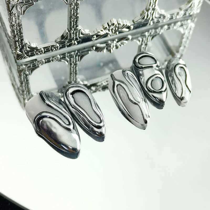 10PCS Handmade Y2k Press on Nails Silver Medium Almond Acrylic False Nails Full Cover Design Irregular goth Artificial Nail TipsT251118T251119