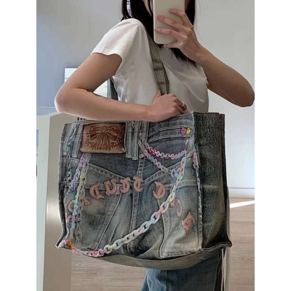 FIRMRANCH Street Photography Trendy Letter Chain Printed Design Large Capacity Denim Women's Shoulder Bag Tote Shopping Pouch