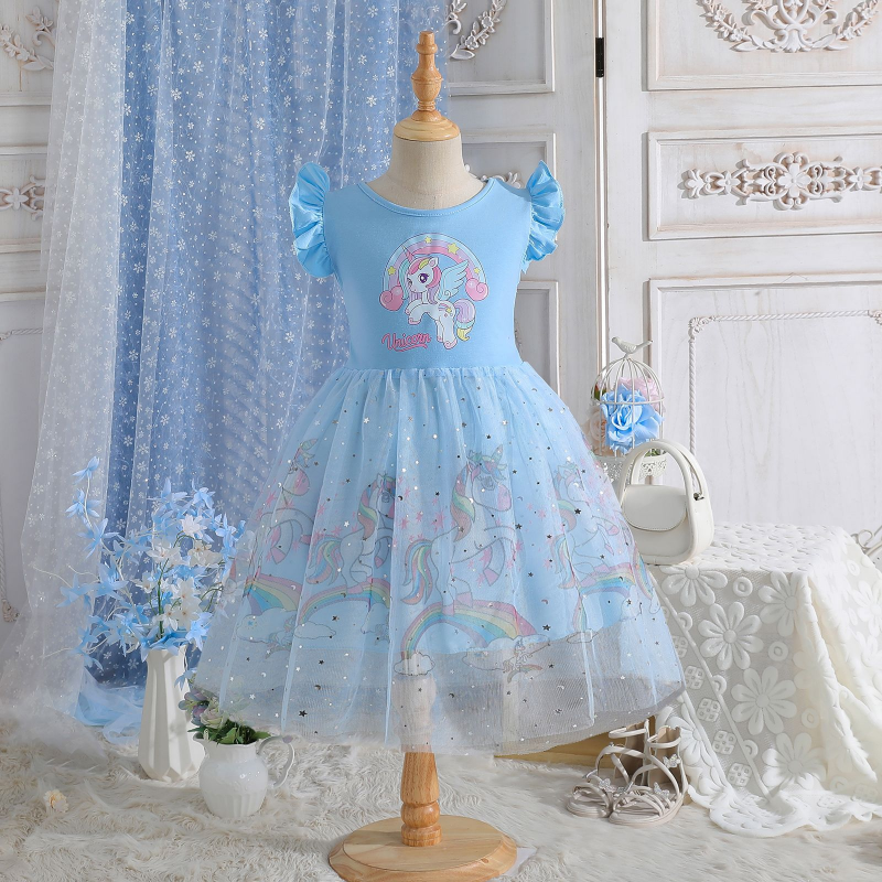 DISNEY kids designer clothes dress short-sleeved unicorn printed mesh Fairy princess dress unicorn dress for girls children birthday short sleeve puff