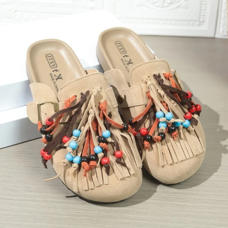 Women Mules Shoes Flats Suede Womens Sandals Fringes Summer Fashion Slippers Walking Dress Cozy Mujer Sandalias 250418