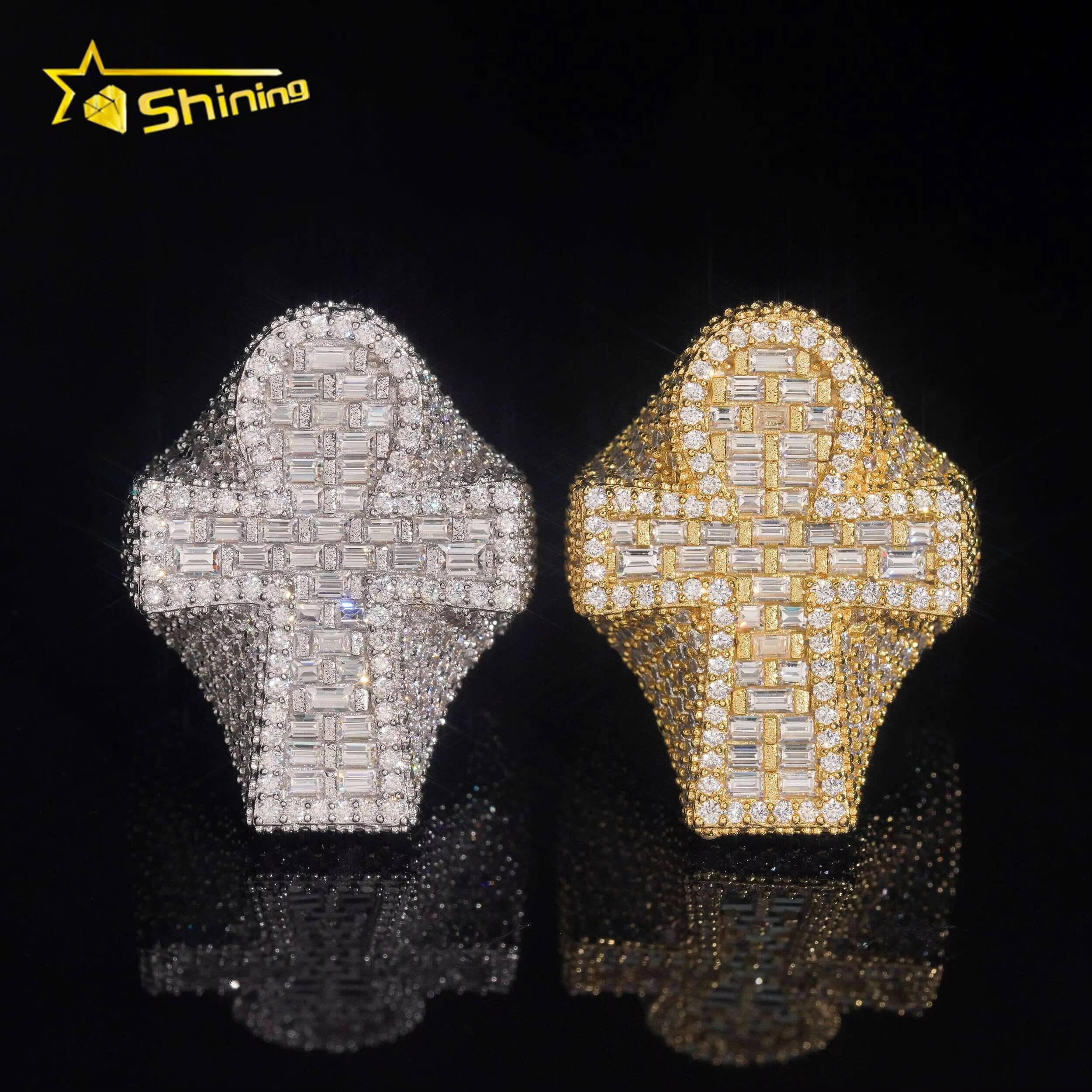 Iced Out 925 Sterling Silver Moissanite Cross Ring Custom Hip Hop VVS Moissanite Engagement Ring for Men