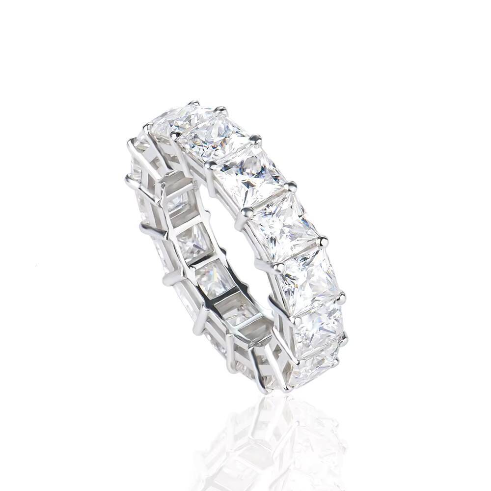 Moissanite Iced-out Ring 925 Sterling Silver Band Brilliant Princess Cut Hip Hop Fine Jewelry D Color VVS Clarity