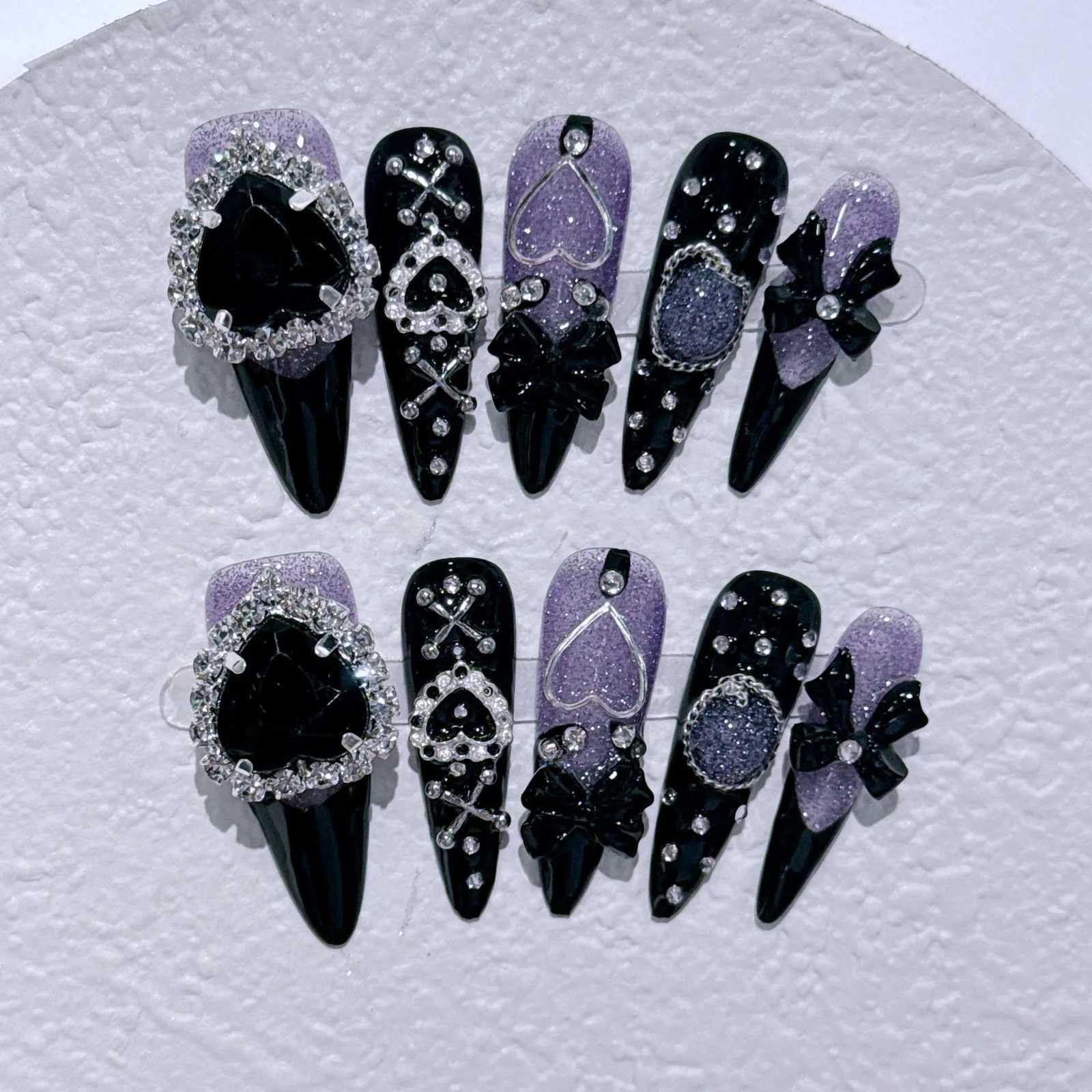 10pcs Y2K Stiletto Almond Handmade Press on Nails Black Fake Nails with 3D Bow Heart Design False Nails UasT251118T251119