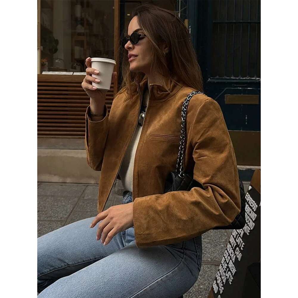 Designer Clothes 2025 Spring Short Suede Jackets Women Brown Stand Collar Zipper Long Sleeve Female Coats Fashion Street Y2k Lady Outwears