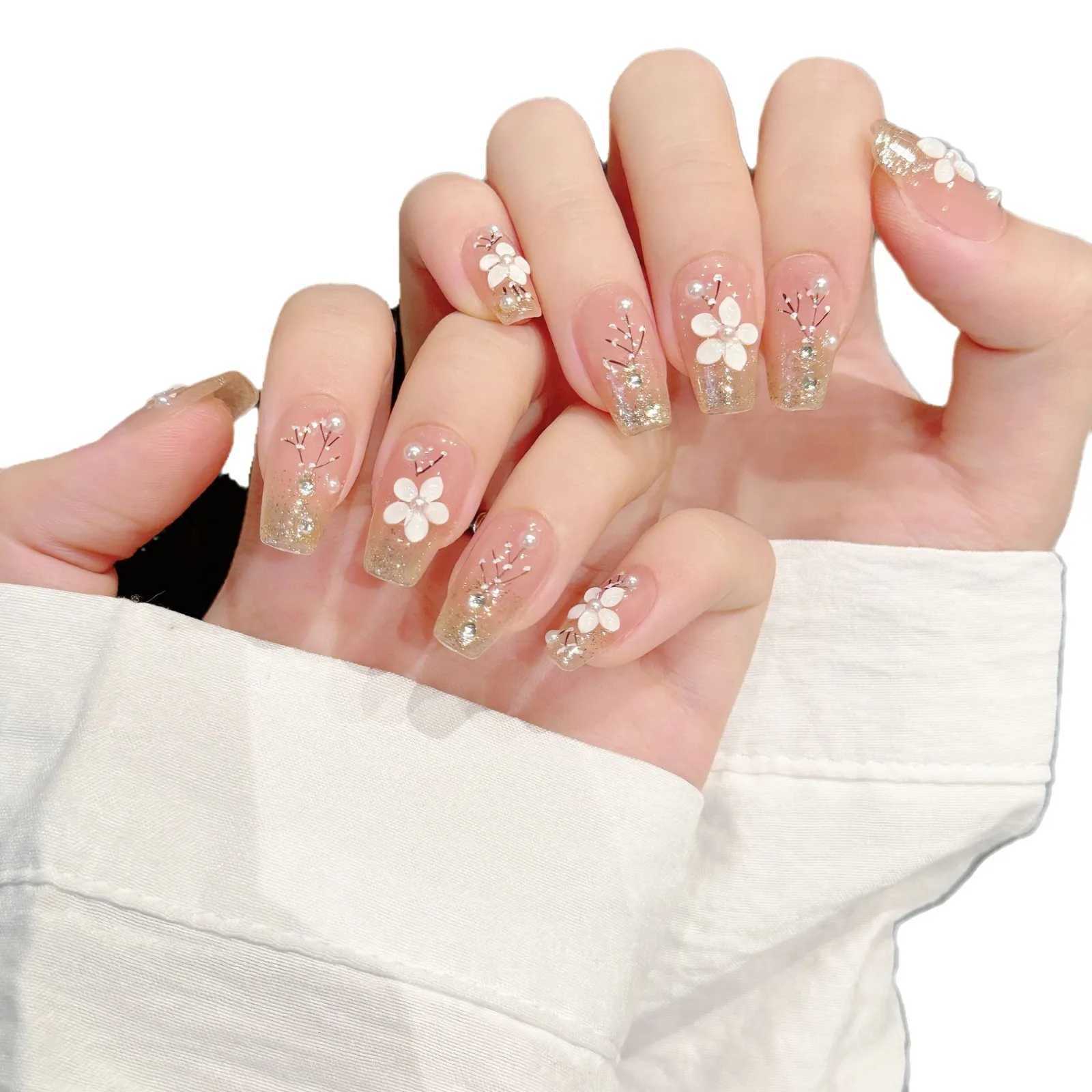 10Pcs Handmade False Nails Mid-length Ballet Full Cover Nail Tip with Flowers Design Pink Wearable Fake Nails Art Press on NailsT251118T251119