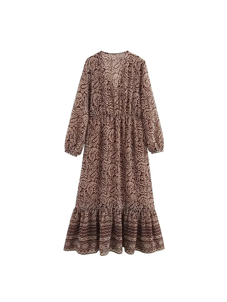 Womens Summer MIDI Dress Retro Printed Chiffon Vneck Layered Ruffle Bow Elegant Street 250418