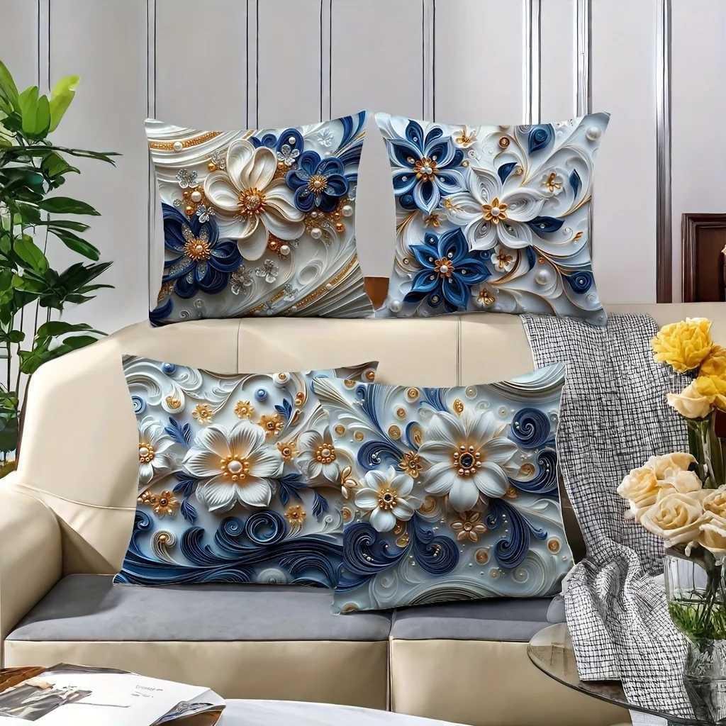 4pcs Elegant Floral Covers Luxe Blue White Gold Design Perfect for Living Room Holiday Home DecorM251119