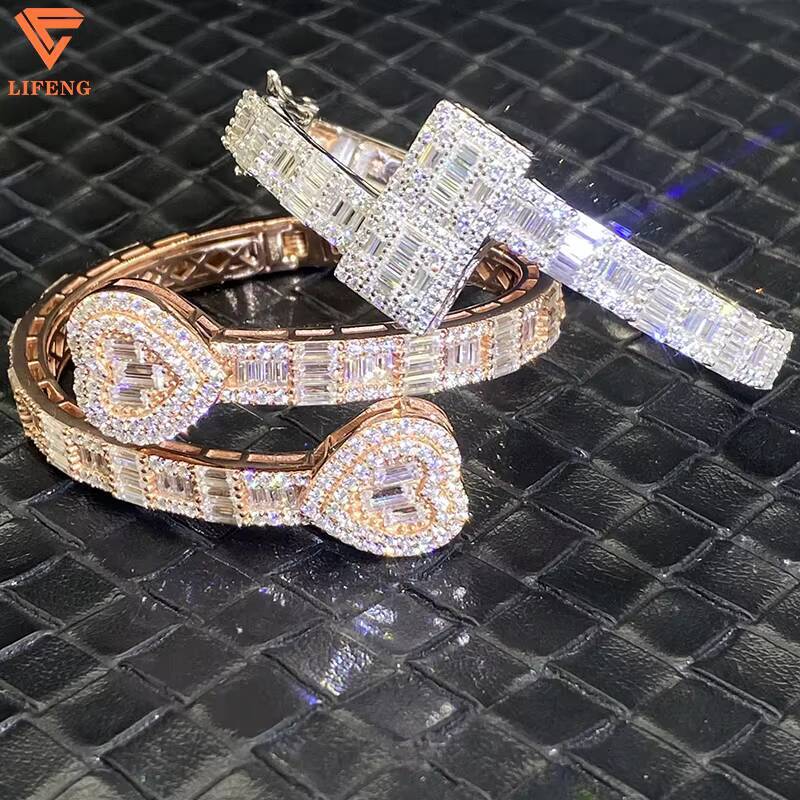 Lifeng Jewelry Moissanite Bracelet Ice Hip Hop Baguette Cut Diamond Heart Shape Bangle Bracelet Silver Rose Gold Plated Wome