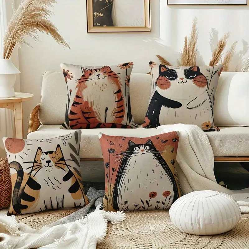 4pcs Cartoon Cat Floral Throw Covers Zippered Cushion Covers for Living Room and Bedroom Decor Single-Sided Print SuitM251119