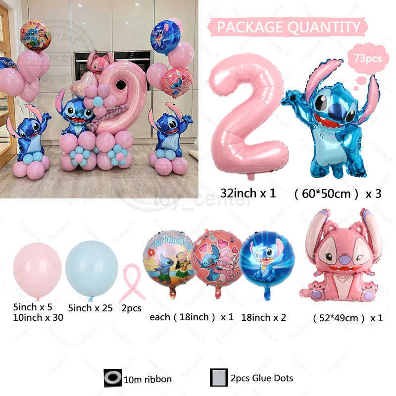 Disney 73pcs Disney Lilo Stitch Theme Wedding Balloon Garland Arch Kit Pink Number 1-9th Kids Birthday Party Decor Baby Shower Globos W20250419