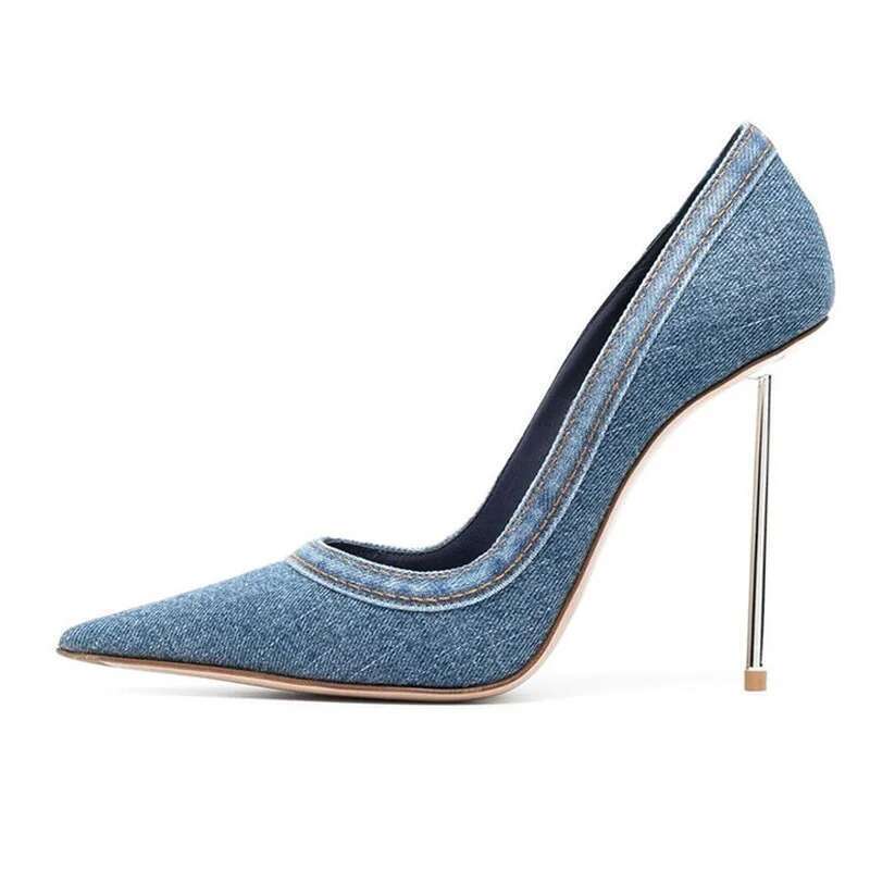2025 Denim Sexy Women Heels Pointed Toe Dress Ultra High Heel Shoes Office Pumps Blue Sandals Size 34-45