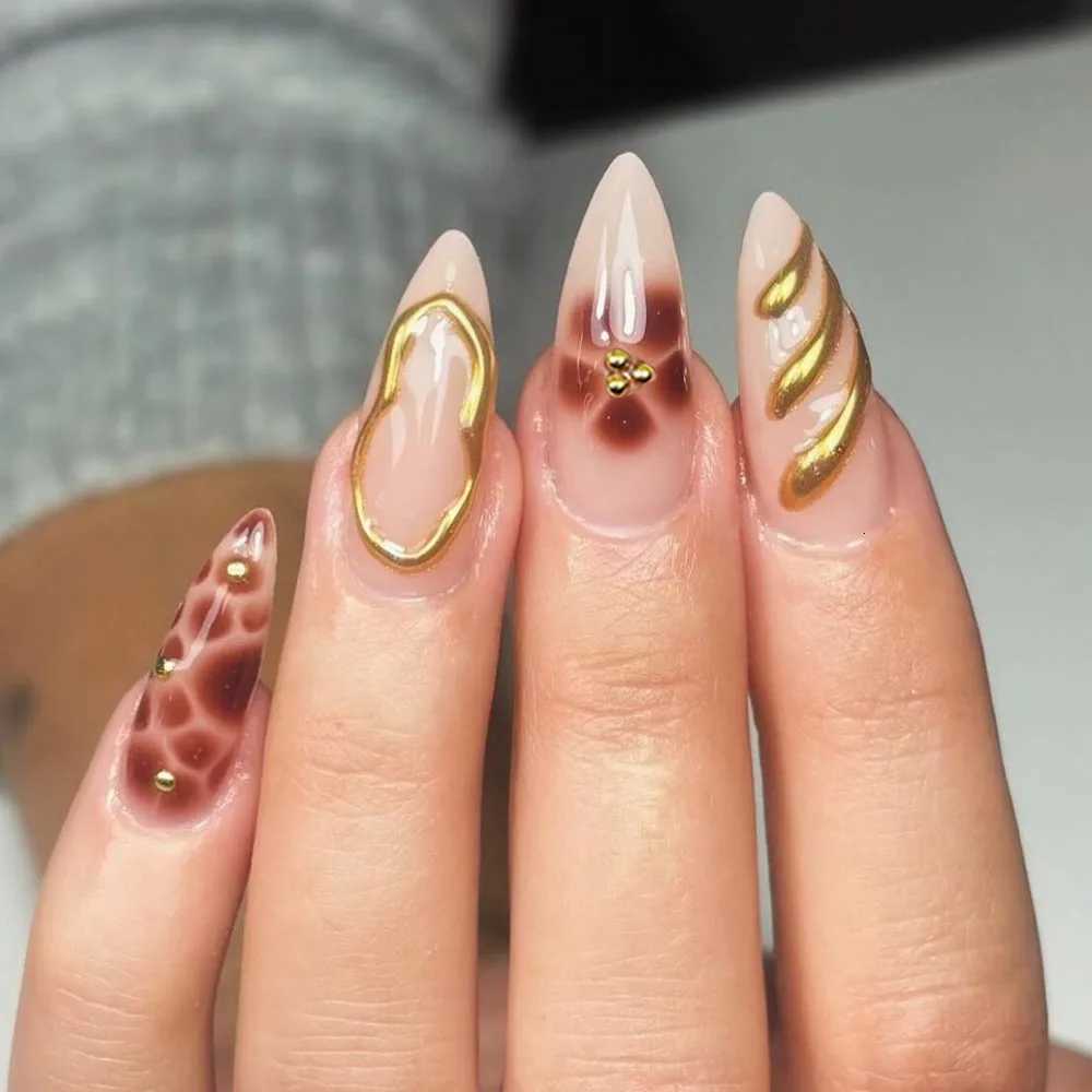 24Pcs 3D Glossy Leopard Print Press on Nails Medium Almond Metal Gold Fench line Fake Nails Full Cover Acrylic Fake Nails Tips 1T251118T251119